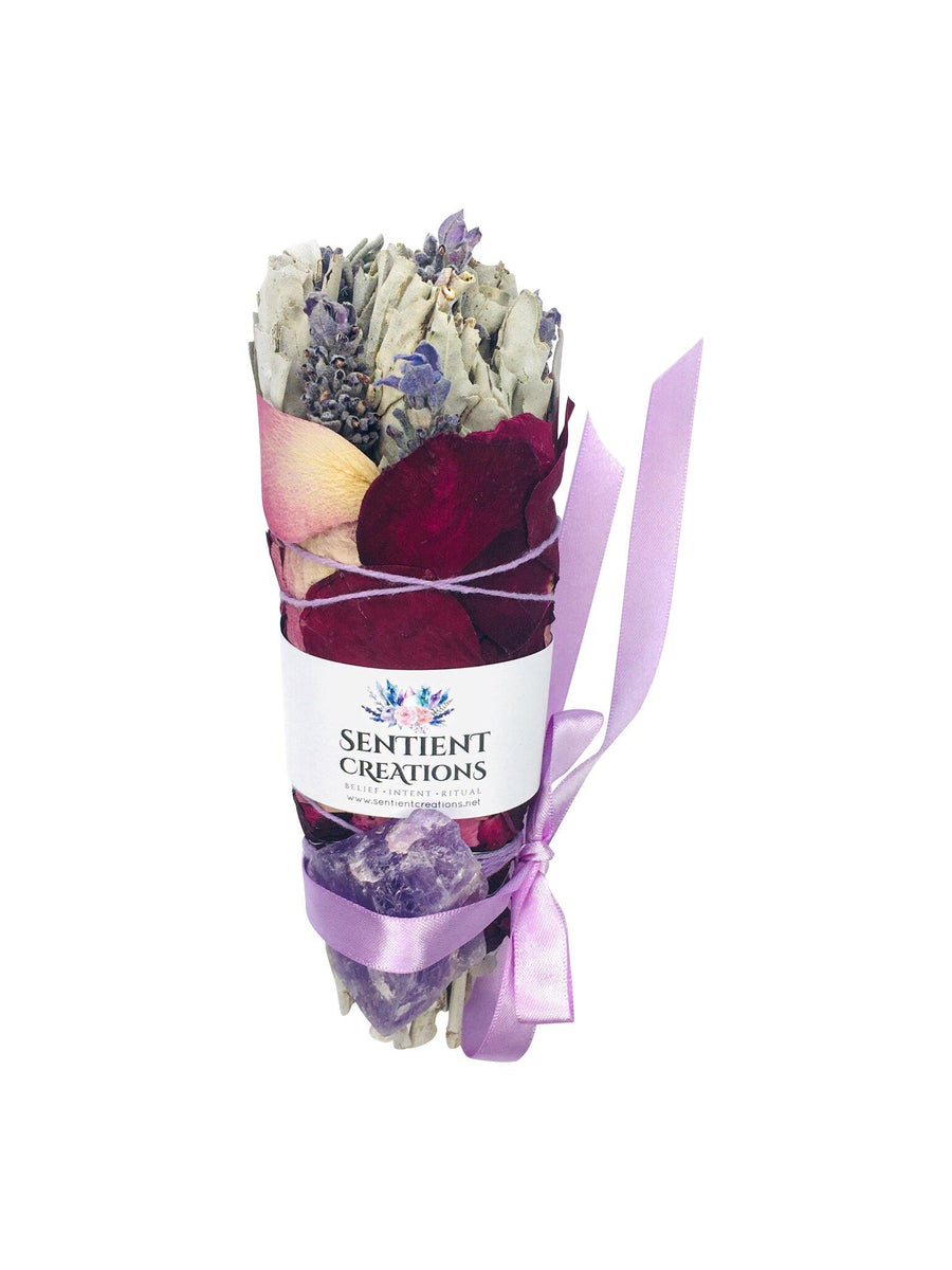 Peace - Large Lavender & Sage Smudge Stick Bouquet with Raw Amethyst - Sentient Creations